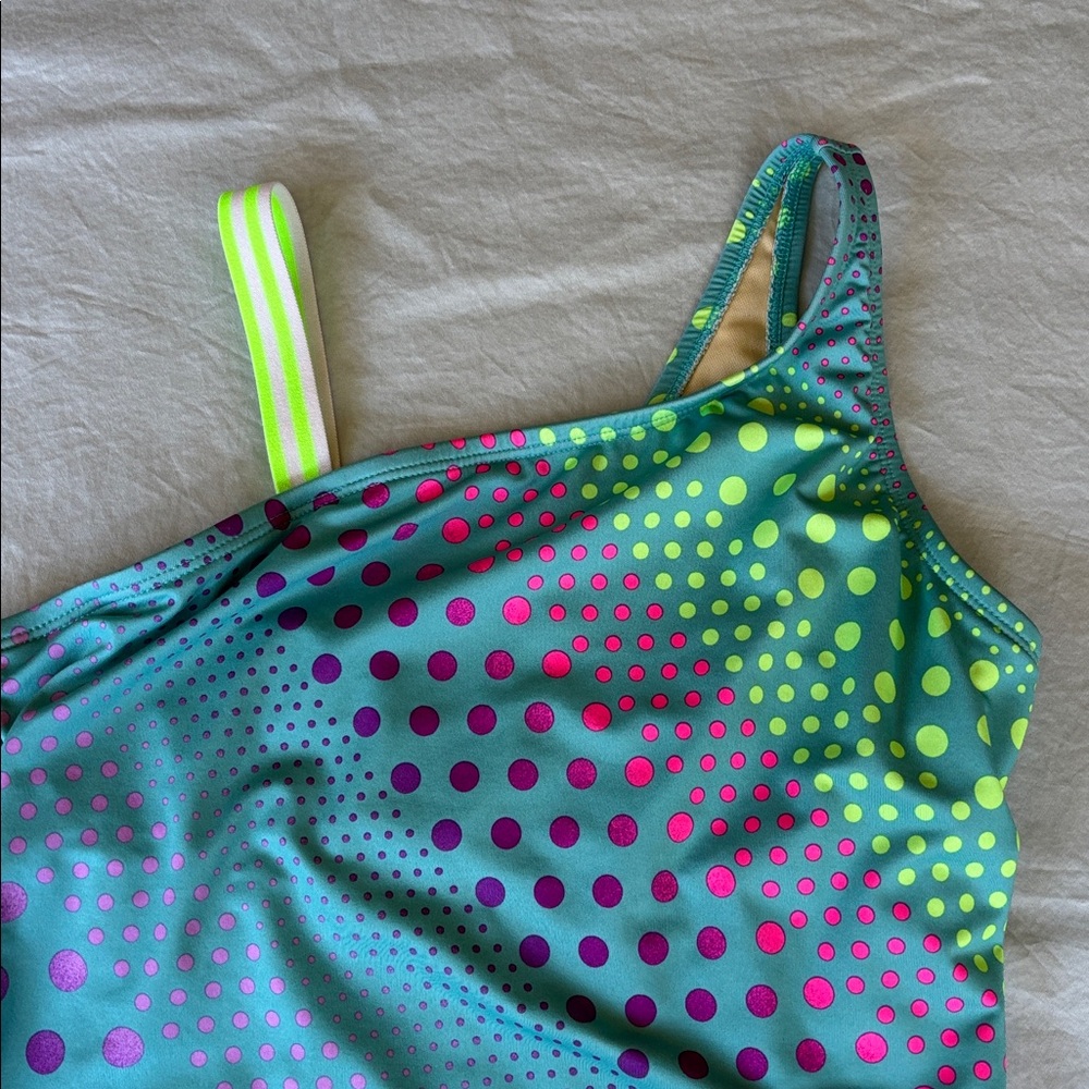Lands' End Turquoise One-Shoulder Girls Swimsuit with Neon Dot Print - Picture 4 of 4